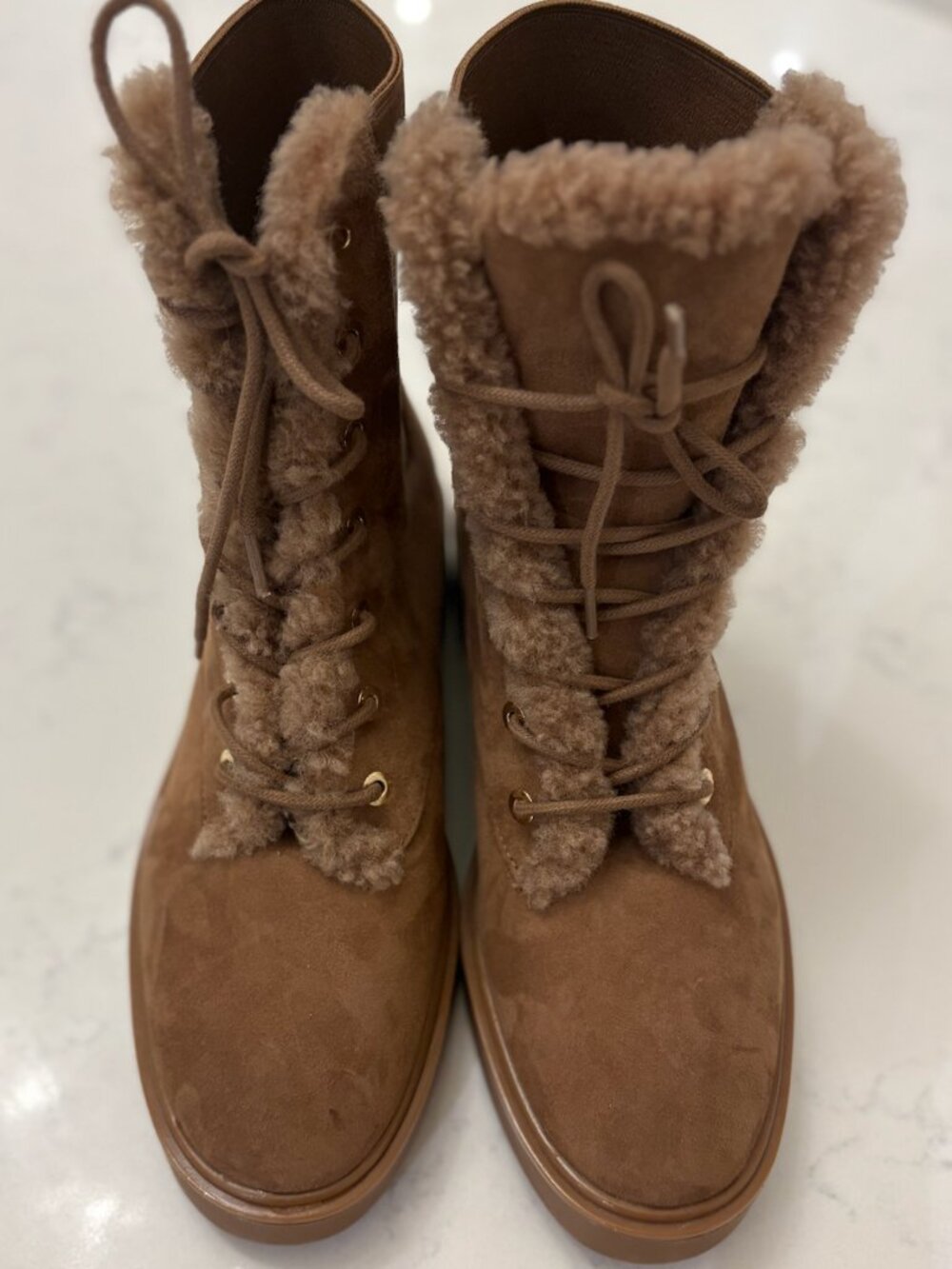 New Stuart Weitzman Brown Suede Shearling Lace-Up Boots 8/EU 38.5